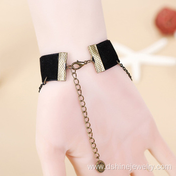 Velvet Band Rose Alloy Cross Pendant Chain Tassel Bracelet